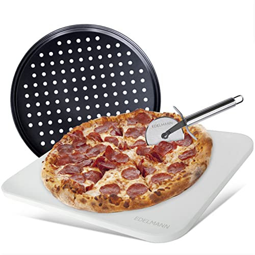 Edelmann Piedra para pizza para horno y parrilla de gas (juego de 3) – Piedra rectangular – Incluye bandeja y cortador de pizza – 38 x 30 1,5 cm