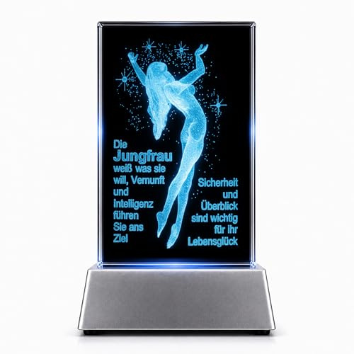 Kaltner Präsente Stimmungslicht - Sternzeichen Geschenk Jungfrau: LED Kerze/Kristall Glasblock / 3D-Laser-Gravur, Nachtlicht Sternzeichen, Horoskop Jungfrau, Astrologie