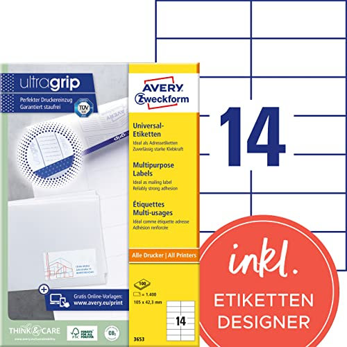 AVERY Zweckform 3653 Adressaufkleber (1.400 Klebeetiketten, 105x42,3mm auf A4, Papier matt, individuell bedruckbare Absenderetiketten, selbstklebende Adressetiketten mit ultragrip) 100 Blatt, weiß