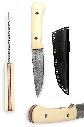 Cuchillo de caza hecho a mano de damasco – Full Tang Bushcraft – Mango de hueso