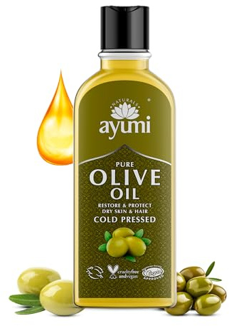 Ayumi Pure Olive Oil with Vitamin E & Fatty Acids | Cold Pressed Olive Oil for Frizzy Hair Treatment | Dry Skin Face Oil & Body Oil to Reduce Wrinkles | Food GradeOil to Aid Digestion | 1 x 150 ml