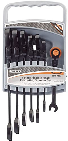 Draper 7 Piece Flexible Head Combination Spanner Set - 15087 - Ratcheting Metric Tool Kit, Black