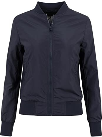 URBAN CLASSICS Women's Light Bomber Jacket with Ribbed Cuffs, Lightweight Flight Jacket for Mid-Season Weather, Longsleeve Jacket with Zipper & Pockets, Colour: Navy, Size: Small
