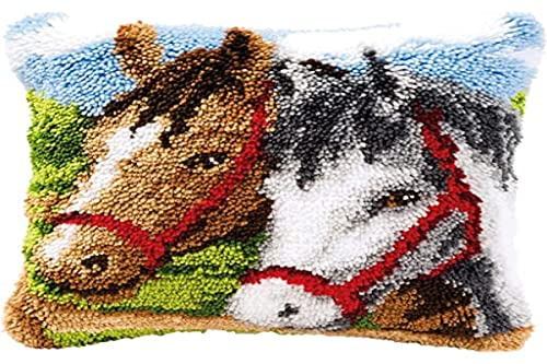 Vervaco Kit Point Noué Á Faire Coussin Broderie Debutant DIY 2 CHEVAUX Latch Hook Kit Complet Decoration Maison Manuelle Loisir Créatif ca. 40 x 40 cm Embroidery