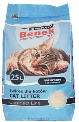 Super Benek Compact Feinkörnige Bentonit-Katzenstreu Natur, 25 L, 20 kg | Hohe Ergiebigkeit, Schnelle Aufnahme von Feuchtigkeit und Geruch, Kleine Flache Klumpen, Staubfreie Klumpstreu, 5-cm-Schicht