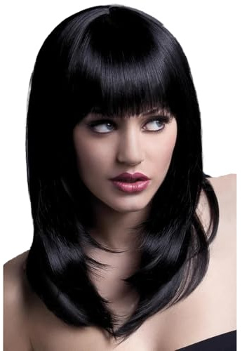 Smiffys Fever Tanja Wig, Black Feathered Cut with Fringe, 48cm / 19in, Fever Wigs Fancy Dress, Fever Dress Up Wigs