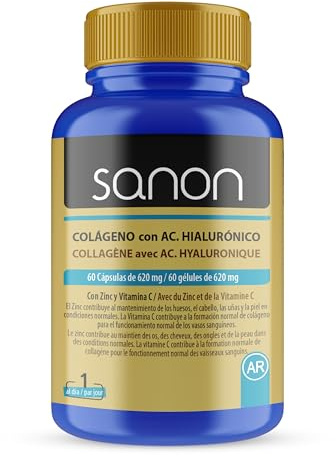 SANON Colágeno con Ácido Hialurónico - 60 Cápsulas de 595mg - Prensado en Frío de Alta Calidad - Ayuda a Reducir Molestias, Dolores en Articulaciones y Mejora el Aspecto de la Piel