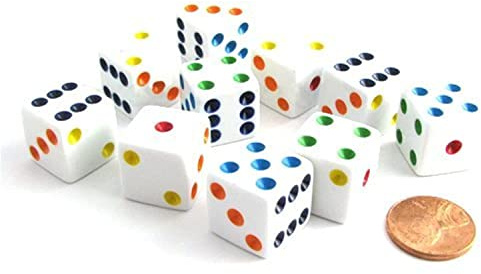 Set of 10 Six Sided D6 16mm Standard Dice White with Multi-Color Pips