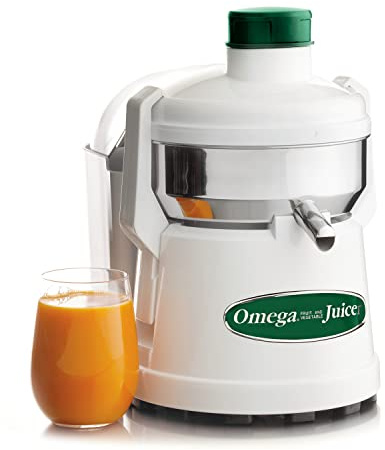 Omega Centrifugal Juicer High Speed Pulp Ejection Juice Extractor 1/3 HP Juices Vegetables Citrus and Fruits at 3500 RPM Surgical Stainless Steel Parts and Blade, 250-Watts, White