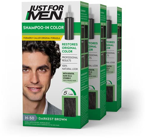 Just For Men Shampoo-In Color (Formerly Original Formula), Mens Hair Color with Keratin and Vitamin E for Stronger Hair - Darkest Brown, H-50, Pack of 3