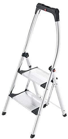 Hailo K100 Topline Alu-Klapptritt-Leiter - 2 extra große Stufen bis 150kg - Komfort-Trittleiter mit hochgeschwungenem Sicherheitsbügel & Ablageschale - Füße mit Soft-Grip-Sohle - rostfrei - Silber