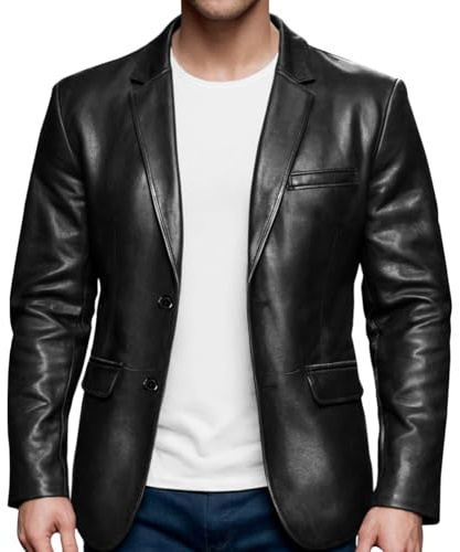 OBX Fashion Casual Leather Blazer For Men - Genuine Lambskin Mens Real Leather Jacket Coat Black (M)