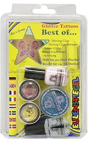 Eulenspiegel 730515 - Glitzer Tattoo Set Best of, Glitter-Set, Karneval, Mottoparty, Halloween | 2 x 2 g, 1 x 6 g Glitzer mit Schablonen & weiterem Zubehör, für Karneval, Halloween & Mottopartys