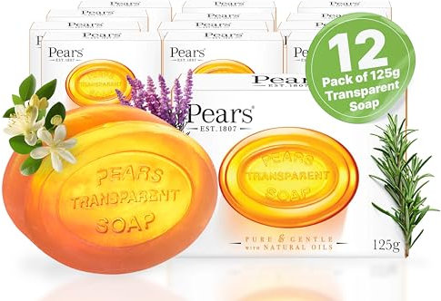 Pears Pure & Gentle Transparente Seifenstücke mit natürlichen Ölen - Angereichert mit ätherischen Ölen, Tägliche Anwendung für Gesicht & Körper, Für alle Hauttypen, Männer & Frauen - 12er Pack, 125g