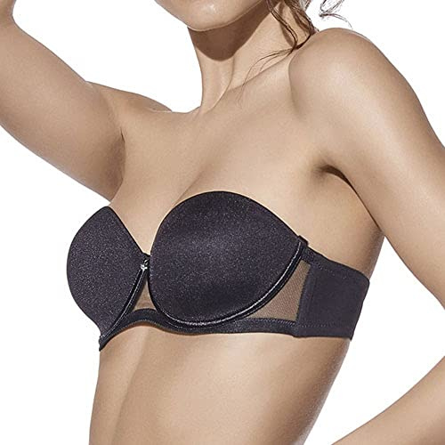 Selene, Sujetador de Mujer sin Tirantes, con Copas Preformadas, Aros y Transparencias, Tirantes Extraíbles, Colección Esmeralda, Color Negro, Talla 95C