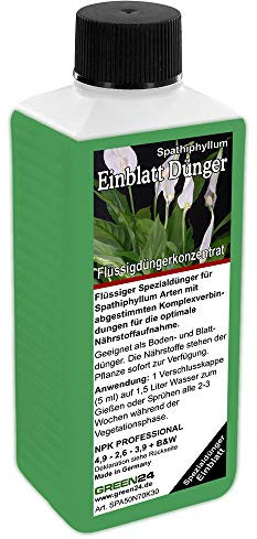 GREEN24 Einblatt Dünger – 250ml Spezialdünger für Spathiphyllum | Für strahlend weiße Hochblätter & sattgrünes Wachstum | Gegen gelbe Blätter | NPK Volldünger Aronstabgewächse
