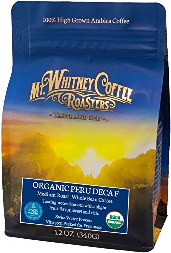 Mt. Whitney, 12 oz, USDA Certified Organic Peru, Swiss Water Process Decaf, Whole Bean Coffee, Medium Roast Coffee, Nitrogen Packed for Freshness