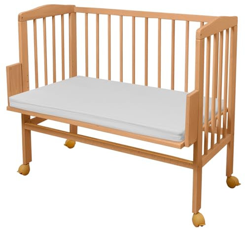 Waldin Beistellbett mit Matratze, höhen-verstellbar, Holz Natur unbehandelt,Große Liegefläche 90x55cm