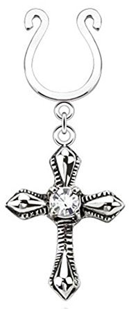 Paula & Fritz® Fake Brustwarzen-Piercing Kreuz Zirkonia Brustpiercing Frau Maenner Intimpiercing Mann Nippelpiercing Clip Clear Pink Schwarz Edelstahl Chirurgenstahl 316L KX010_C