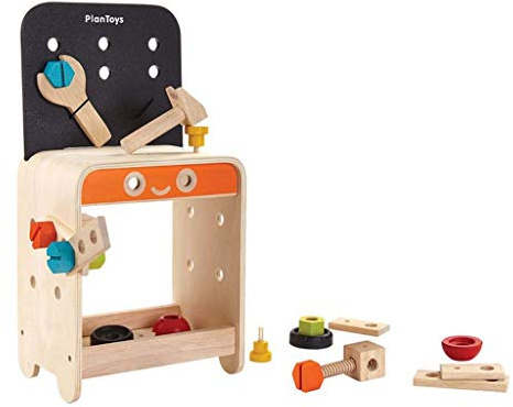 PlanToys® Wooden Tool Bench for Kids | Pretend Play Construction Toy with Tools & Accessories | Educational STEM Toy for Toddlers | Montessori Fine Motor Skills Workbench Playset