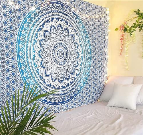 RAJRANG Blauer Baumwoll Mandala Wandteppich 228 x 213 cm Omber Hippie, dekorativer großer Wandbehang