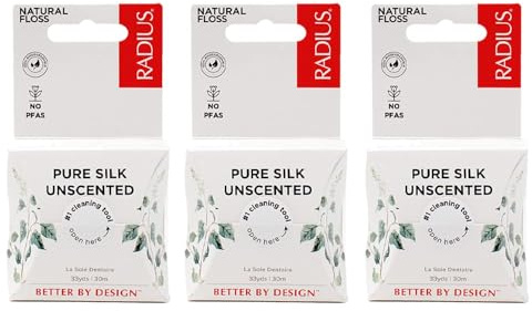 RADIUS Dental Floss, Natural Floss, Unscented Silk, 33 Yards, Compostable & Non-Toxic Oral Care Designed to Help Fight Plaque, Pack of 3