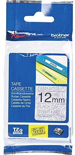 Brother Original P-touch Schriftband TZe-MPSL31 (12 mm breit, u.a. für Brother P-touch H100LB/R, H105, H200, E100/VP, D200/BW/VP, D210/VP, 4 m lang, laminiert) schwarz auf silbernen Spitzen