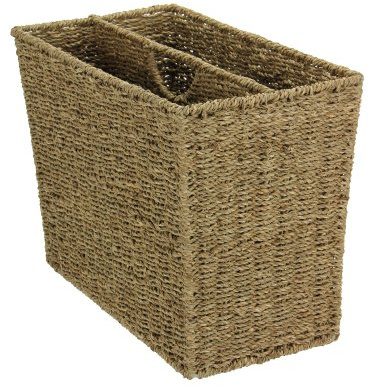 Household Essentials Wicker Magazine Rack, Handwoven Seagrass, Strong Metal Wire Frame, Built-In Handle and Divider, Lightweight, Contemporary, Great for Puzzle Books, Mail and More, Natural