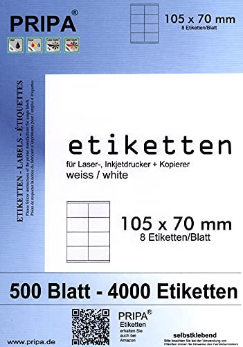 pripa - Etiketten 105 x 70 mm - 8 Stueck auf A4 - Großpackung 500 Blatt DIN A4 selbstklebende Etiketten - DHL Post