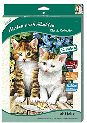 MAMMUT 110006 - Malen nach Zahlen Classic Tiermotiv, Zwei Kätzchen, Katze, Komplettset mit bedruckter Malvorlage im A4 Format, 12 Acrylfarben, Pinsel, Malset für Kinder ab 8 Jahre