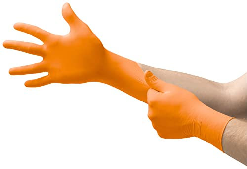 Microflex Ansell 93-856 Nitril Einweghandschuhe Puderfrei, Professionelle Schutzhandschuhe für Industrie und Mechanik, Chemikalienschutz Einmalhandschuhe, Orang, Größe L (100 Handschuhe)