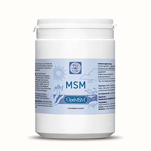Kala Health OptiMSM MSM Pulver ohne Zusatzstoffe 1kg - Methylsulfonylmethan Schwefelpulver 1.000 mg OptiMSM® MSM pro Portion, vegan, glutenfrei, lactosefrei, allergenfrei ohne jegliche Zusätze