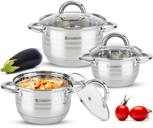 EliteHoff Set di pentole a induzione a 6 pezzi, pentola in acciaio inossidabile a 7 strati, set di 3 pentole con coperchio, per tutti i tipi di cucine (E-4303)