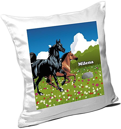 Eurofoto Kissen mit Namen Milena und schönem Pferde-Motiv für Mädchen - Namenskissen personalisiert - Kuschelkissen - Schmusekissen