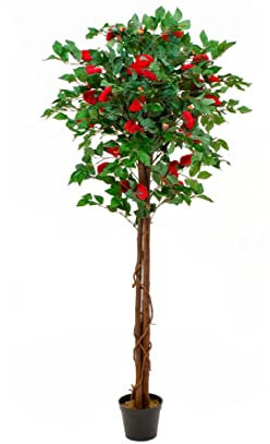 Kamelien Kunstbaum 180cm hoch mit roten Blüten und berankten Naturstämmen im Topf