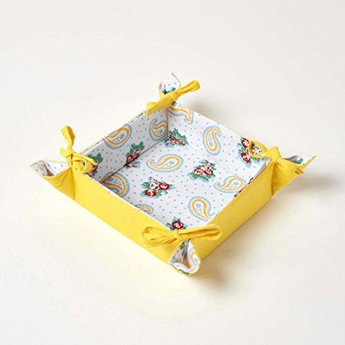 Homescapes Frühstückskorb mit Wende-Design ‚Paisley & Punkte‘, Brötchenkorb faltbar, Brotkorb eckig aus Stoff, Faltkörbchen Baumwolle