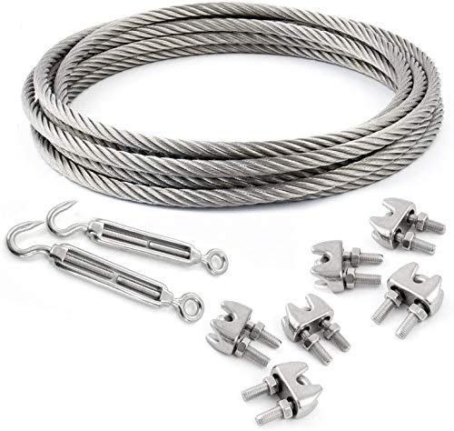 20m EDELSTAHLSEIL SET 3mm 7x7+6 x SEILKLEMMEN V4A+2 x SPANNSCHLOSS HAKEN - ÖSE Stahlseil Inox VA Seil Rostfrei Kauschen Spannschraube Klemmen Spanner
