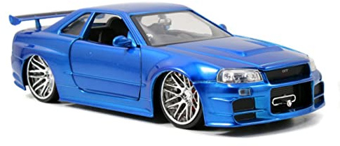 Jada 97173 Toys Fast & Furious Brian's 2002 Nissan Skyline GTR-R R34, Auto, Tuning-Modell im Maßstab 1:24, mit Spoiler, zu öffnende Türen, Motorhaube und Kofferraum, Freilauf, blau