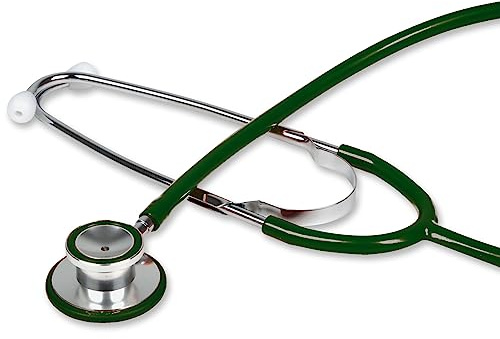 Gima - Stéthoscope tête double traditionnel en aluminium, léger, avec lyre en laiton et bague anti-froid, tubulure en Y vert foncé, 32568