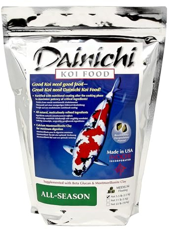 Dainichi Koi Fish Food, All-Season 5.5 lb Bag – Medium Floating Pellets (5.5 mm) for Koi, Goldfish and Pond Fish – Cold-Weather and Winter Formula – Easily Digestible Wheat Germ Formula