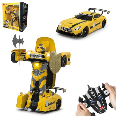 JAMARA 410029 - Mercedes AMG GT3 1:14 transformable 2,4GHz gelb - RC Transformation zum Roboter auf Knopfdruck, Tanzmodus, Lautsprecher, Einzelradaufhängung, bis zu 1 Stunde Fahrzeit, LED Licht
