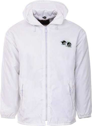 Maan Store Mens Bowling Jacket Waterproof Fully Fleece Lined Detachable Hood Bowling Logo On The Front Front Pockets White/XXL