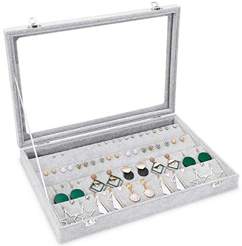 BASUWELL Earrings Pendant Velvet Glass Display Storage Holder Jewellery Earring Storage Box Case Organiser