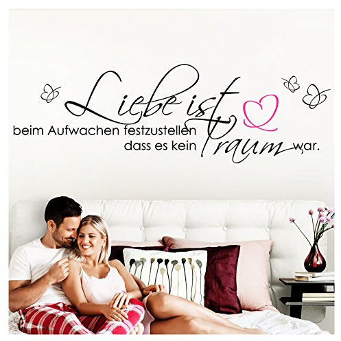 Grandora Wandtattoo Schlafzimmer Spruch Liebe ist beim Aufwachen I schwarz (BxH) 185 x 58 cm I Wandaufkleber Herz Wand Deko Aufkleber Sticker Traum W800