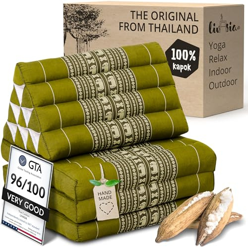 livasia cuscino a cuneo kapok - 175x50x8cm - materasso pieghevole a 3 segmenti, cuscino per la schiena pieghevole, tappetino thai, fatto a mano (Verde/Elefanti)