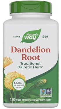 Nature's Way Dandelion Root, Traditional Diuretic Herb*, Traditionally Used to Soothe Digestive Upset*, Vegan, 180 Capsules (Packaging May Vary)