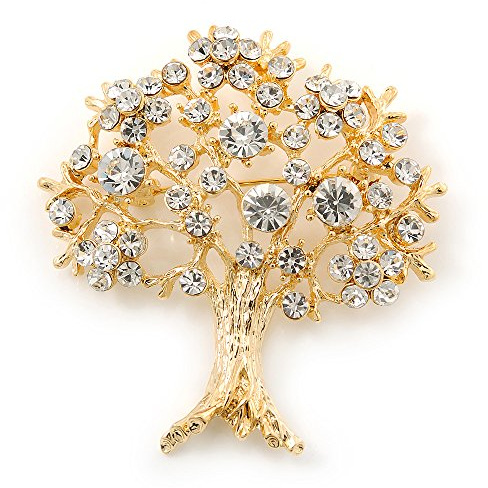 Spilla a forma di albero della vita, placcata in oro, con cristalli trasparenti, lunghezza 52 mm, Misura unica, Nessun tipo di metallo, Diamante