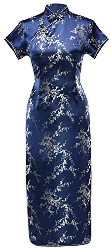 7Fairy Women's VTG Navy Blue Floral Long Chinese Prom Dress Cheongsam Size 2 US