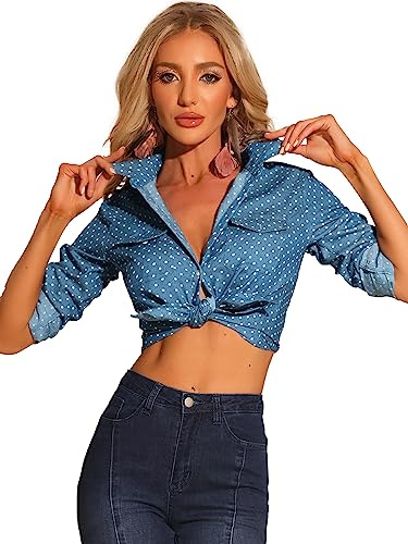 Allegra K Blusa De Lunares Cuello Puntiagudo Bolsillos del Pecho Botón Abajo para Mujer Azul M