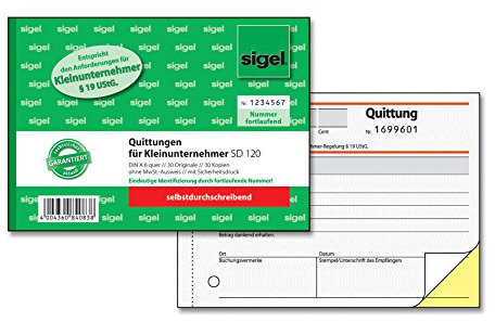 SIGEL SD120 Quittungsblock für Kleinunternehmer, fortlaufend nummeriert, eindeutige 7stellige Nummer, A6 quer, 2x30 Blatt, selbstdurchschreibend, aus nachhaltigem Papier